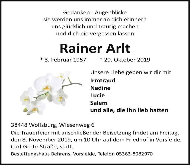  Traueranzeige für Rainer Arlt vom 04.11.2019 aus Aller Zeitung