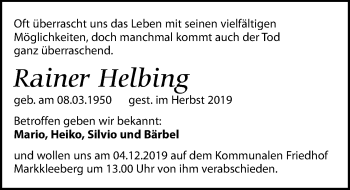 Traueranzeige von Rainer Helbing von Leipziger Volkszeitung