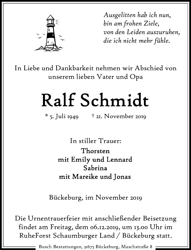  Traueranzeige für Ralf Schmidt vom 30.11.2019 aus Schaumburger Nachrichten
