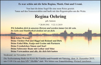 Traueranzeige von Regina Oehring von Ostsee-Zeitung GmbH