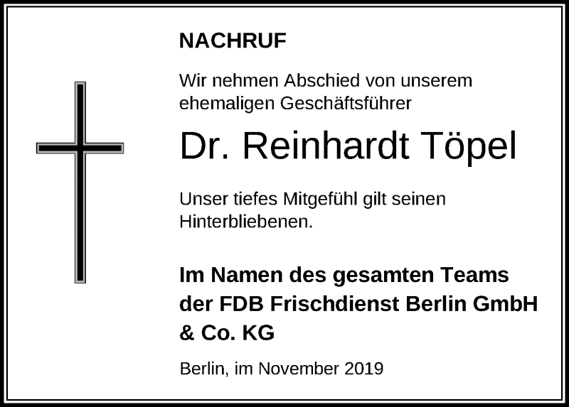  Traueranzeige für Reinhardt Töpel vom 30.11.2019 aus Märkischen Allgemeine Zeitung