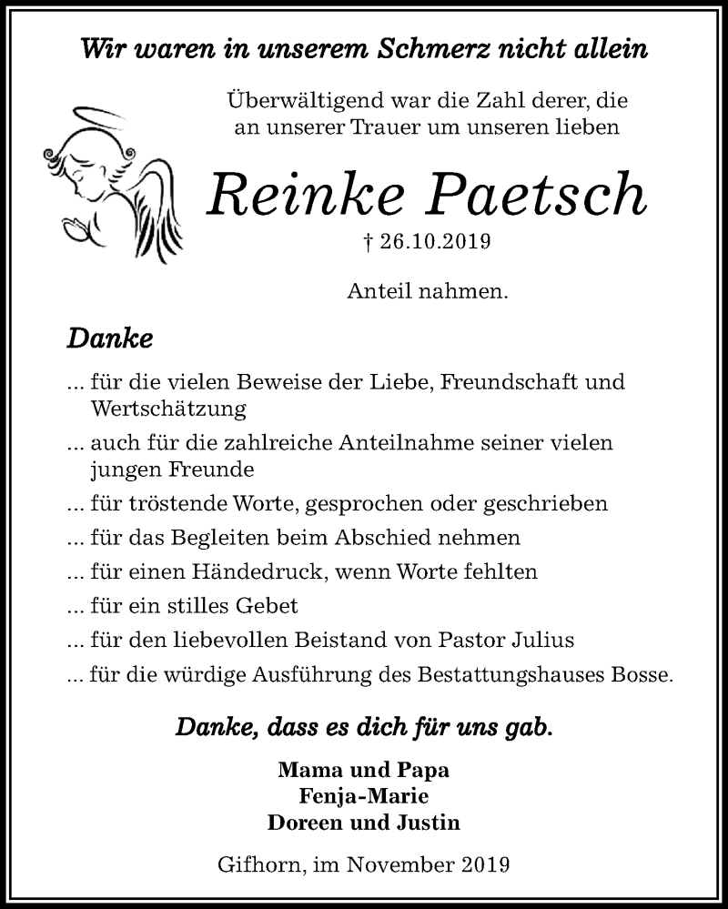  Traueranzeige für Reinke Paetsch vom 13.11.2019 aus Aller Zeitung