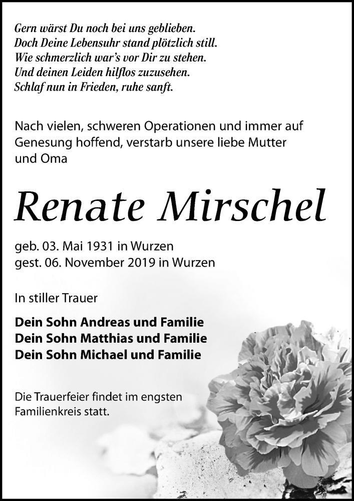 Traueranzeige für Renate Mirschel vom 09.11.2019 aus Leipziger Volkszeitung
