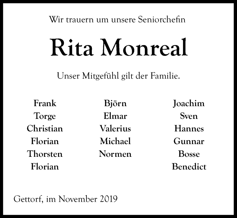  Traueranzeige für Rita Monreal vom 16.11.2019 aus Kieler Nachrichten