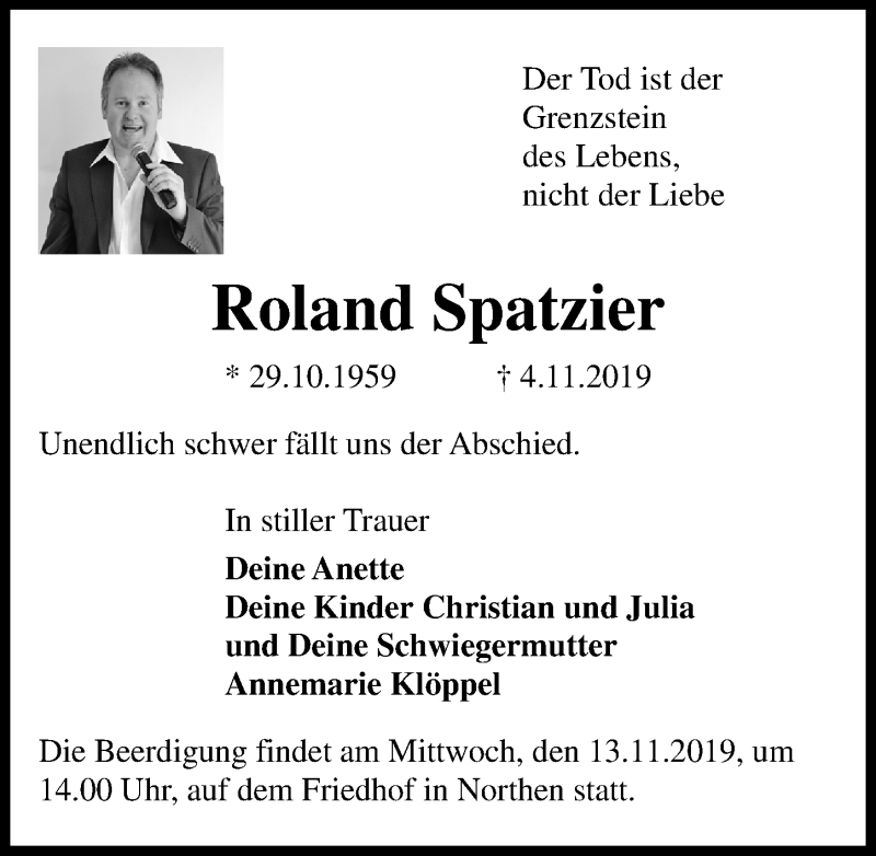  Traueranzeige für Roland Spatzier vom 09.11.2019 aus Hannoversche Allgemeine Zeitung/Neue Presse