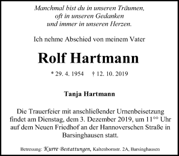 Traueranzeige von Rolf Hartmann von Hannoversche Allgemeine Zeitung/Neue Presse