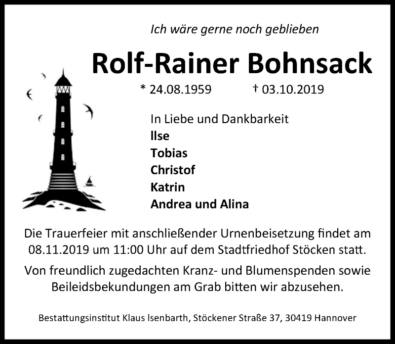  Traueranzeige für Rolf-Rainer Bohnsack vom 02.11.2019 aus Hannoversche Allgemeine Zeitung/Neue Presse