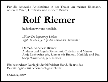 Traueranzeige von Rolf Riemer von Ostsee-Zeitung GmbH