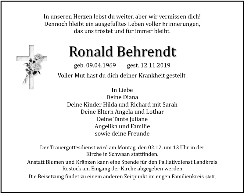  Traueranzeige für Ronald Behrendt vom 23.11.2019 aus Ostsee-Zeitung GmbH