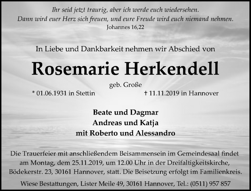  Traueranzeige für Rosemarie Herkendell vom 16.11.2019 aus Hannoversche Allgemeine Zeitung/Neue Presse