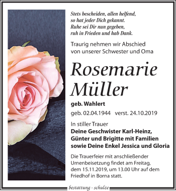 Traueranzeige von Rosemarie Müller von Leipziger Volkszeitung