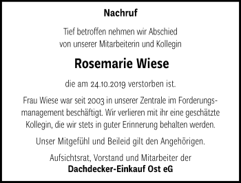 Traueranzeige von Rosemarie Wiese von Peiner Allgemeine Zeitung