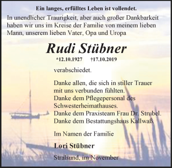 Traueranzeige von Rudi Stübner von Ostsee-Zeitung GmbH