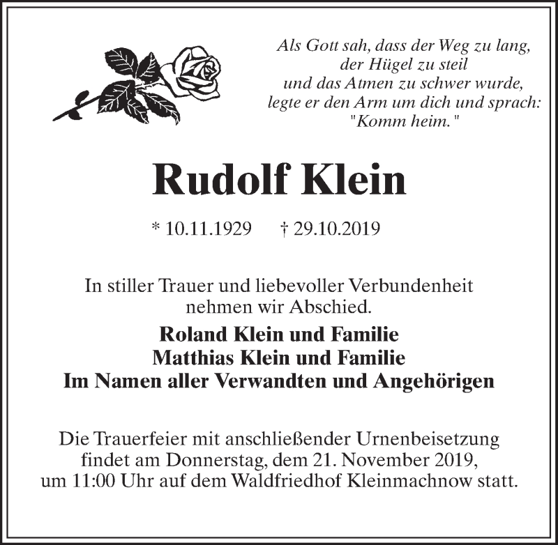  Traueranzeige für Rudolf Klein vom 16.11.2019 aus Märkischen Allgemeine Zeitung