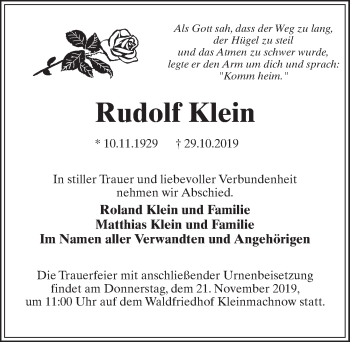 Traueranzeige von Rudolf Klein von Märkischen Allgemeine Zeitung