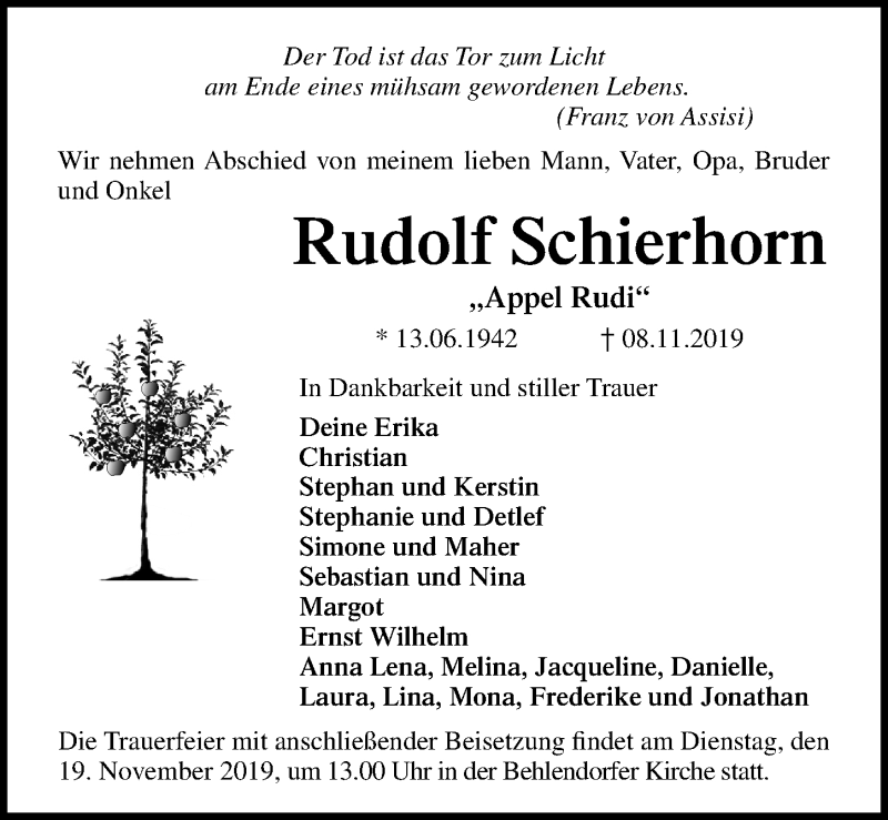  Traueranzeige für Rudolf Schierhorn vom 14.11.2019 aus Lübecker Nachrichten