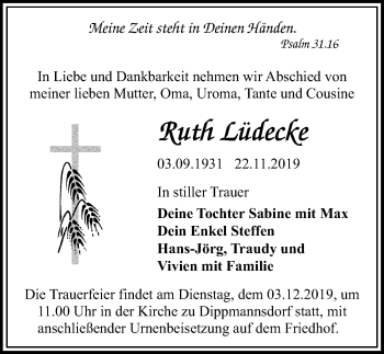 Traueranzeige von Ruth Lüdecke von Märkischen Allgemeine Zeitung