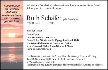Traueranzeige von Ruth Schäfer