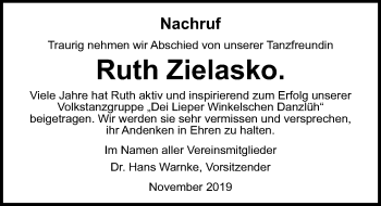 Traueranzeige von Ruth Zielasko von Ostsee-Zeitung GmbH