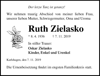 Traueranzeige von Ruth Zielasko von Ostsee-Zeitung GmbH