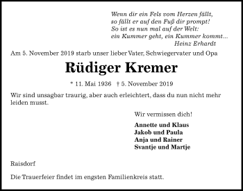 Traueranzeige von Rüdiger Kremer von Kieler Nachrichten