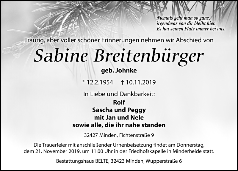  Traueranzeige für Sabine Breitenbürger vom 16.11.2019 aus Leipziger Volkszeitung