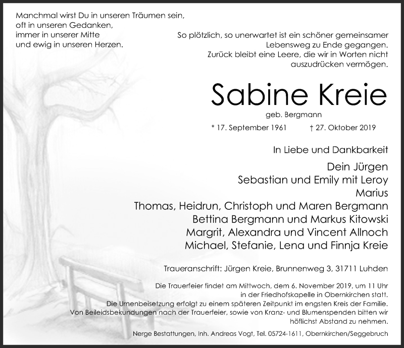  Traueranzeige für Sabine Kreie vom 02.11.2019 aus Schaumburger Nachrichten