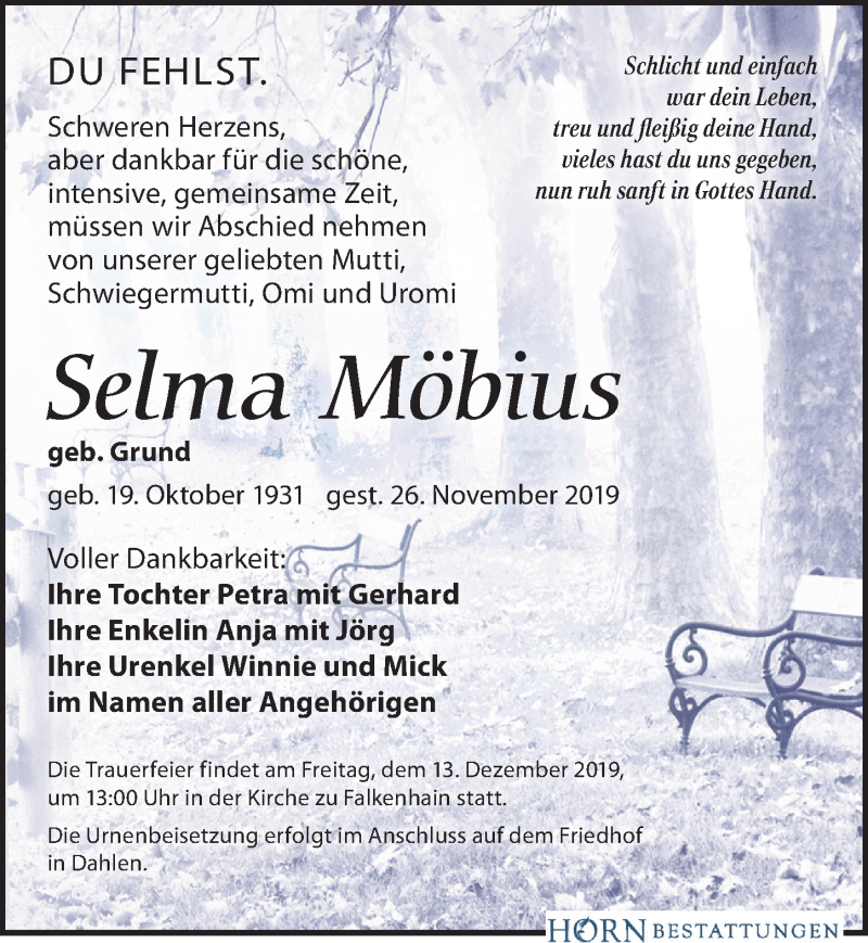  Traueranzeige für Selma Möbius vom 30.11.2019 aus Leipziger Volkszeitung
