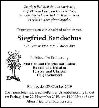 Traueranzeige von Siegfried Bendschus von Ostsee-Zeitung GmbH