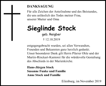 Traueranzeige von Sieglinde Stock von Leipziger Volkszeitung