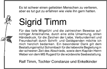 Traueranzeige von Sigrid Timm von Ostsee-Zeitung GmbH