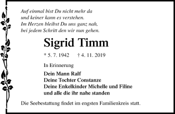 Traueranzeige von Sigrid Timm von Ostsee-Zeitung GmbH