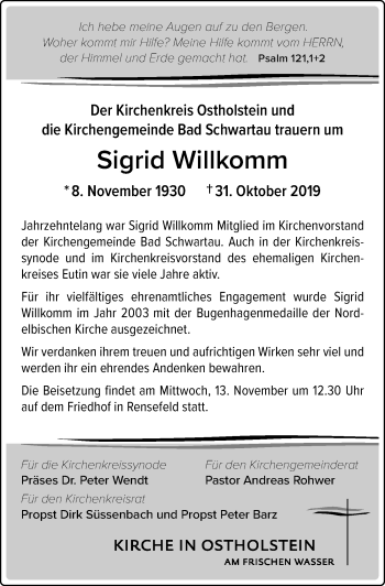 Traueranzeige von Sigrid Willkomm von Lübecker Nachrichten