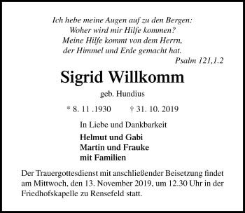 Traueranzeige von Sigrid Willkomm von Lübecker Nachrichten