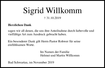 Traueranzeige von Sigrid Willkomm von Lübecker Nachrichten