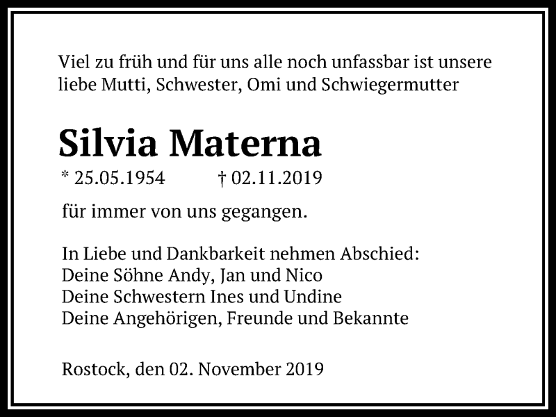  Traueranzeige für Silvia Materna vom 16.11.2019 aus Ostsee-Zeitung GmbH