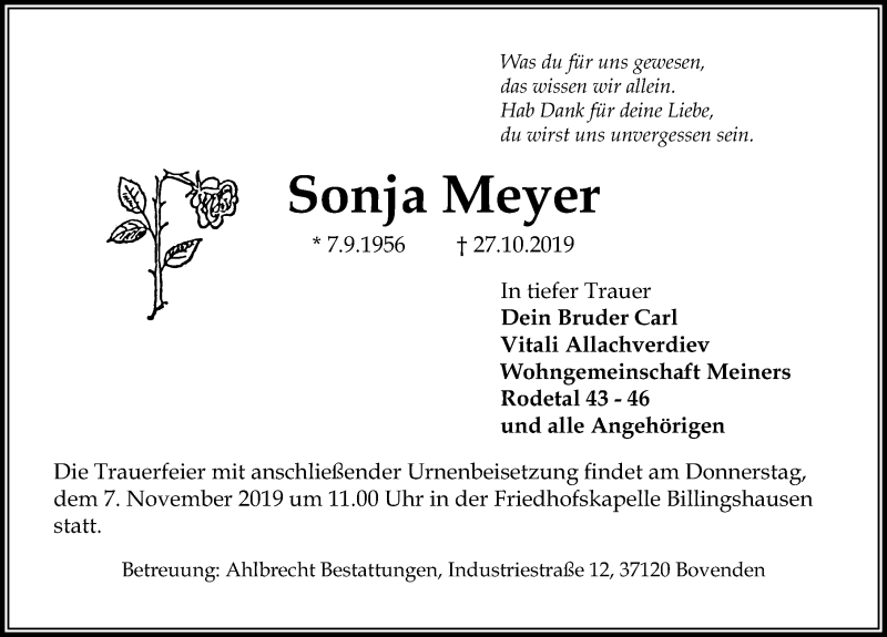  Traueranzeige für Sonja Meyer vom 02.11.2019 aus Göttinger Tageblatt
