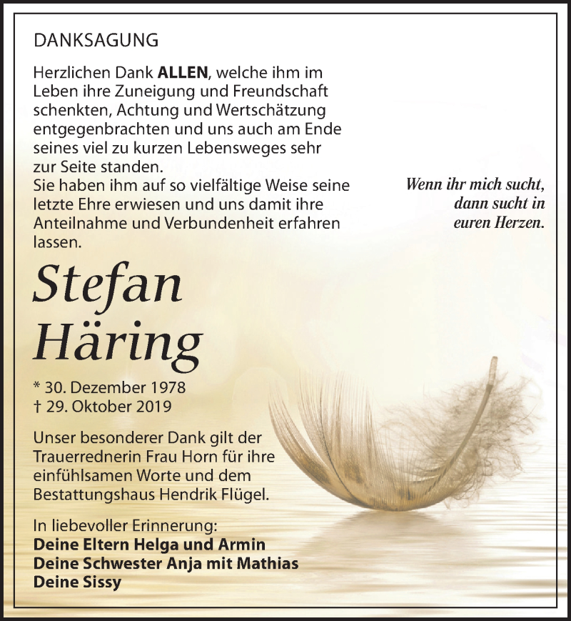  Traueranzeige für Stefan Häring vom 30.11.2019 aus Leipziger Volkszeitung