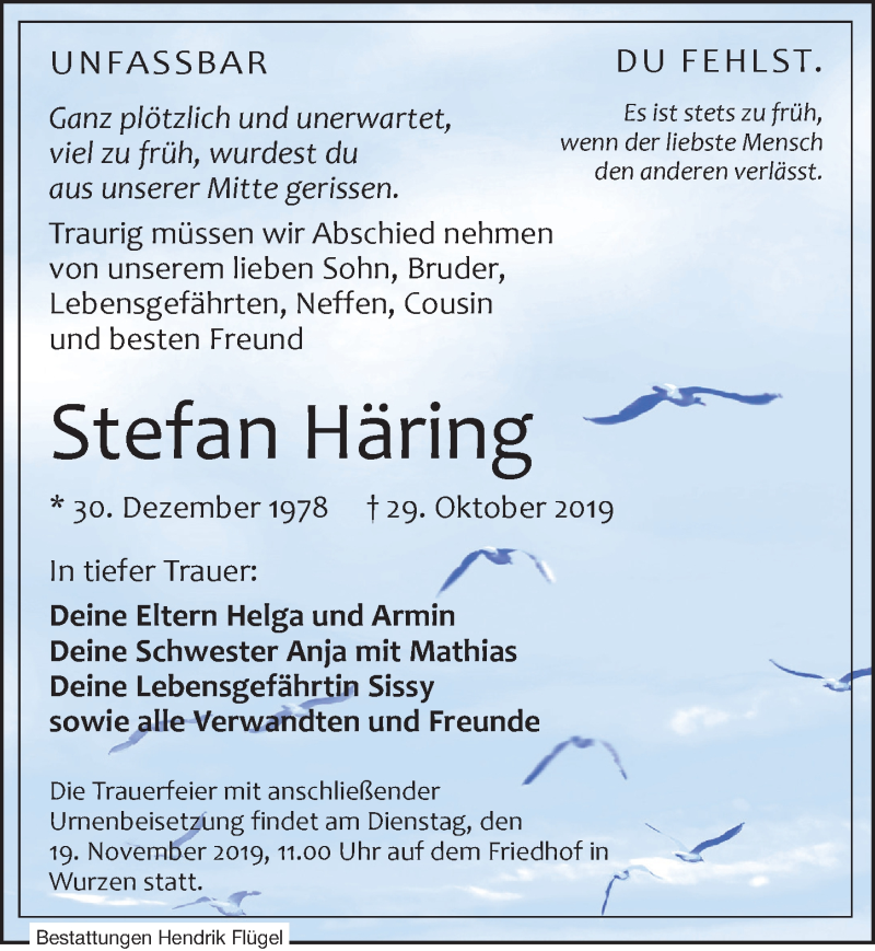 Traueranzeige für Stefan Häring vom 09.11.2019 aus Leipziger Volkszeitung