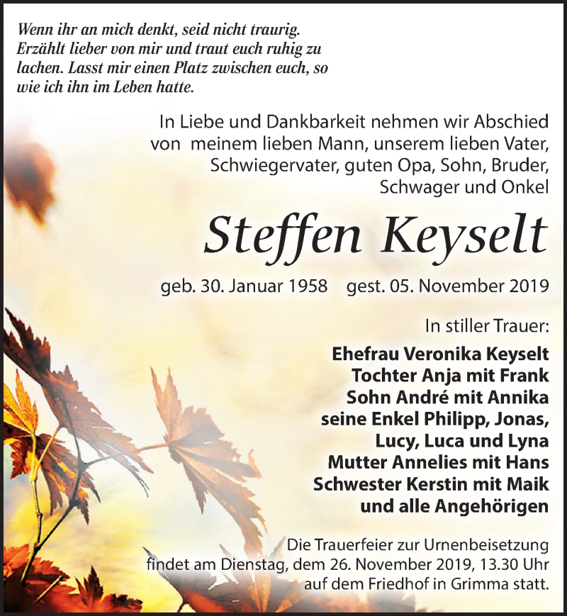  Traueranzeige für Steffen Keyselt vom 09.11.2019 aus Leipziger Volkszeitung