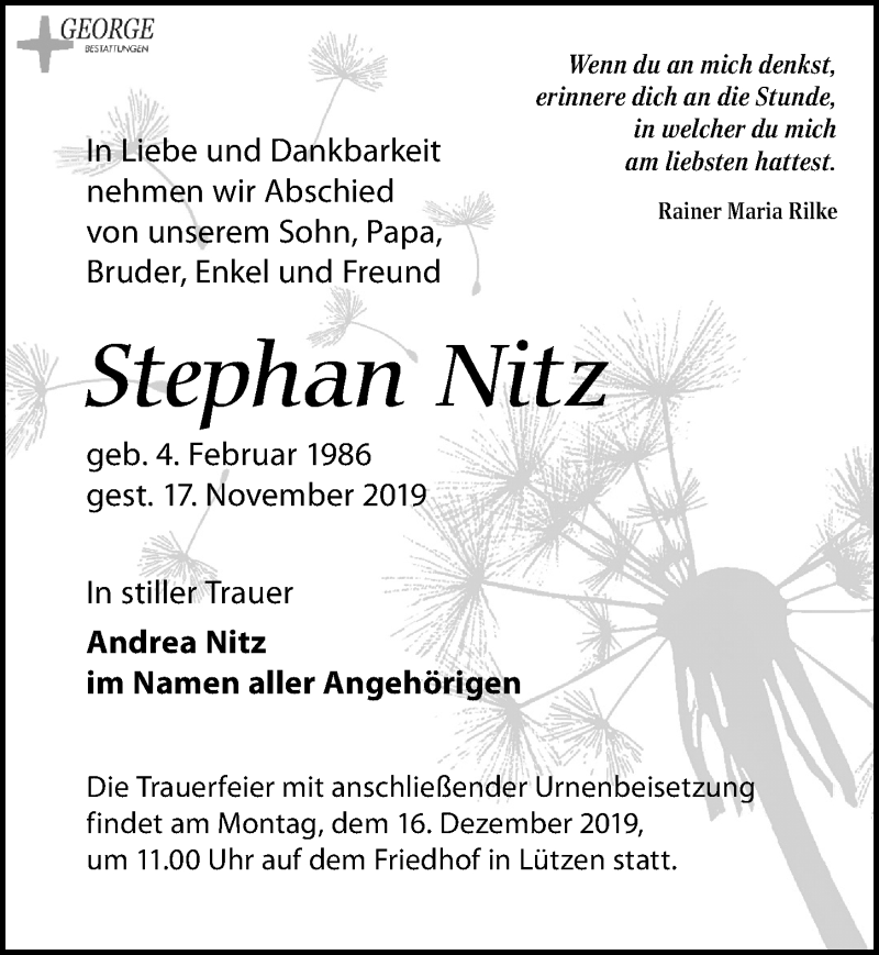  Traueranzeige für Stephan Nitz vom 30.11.2019 aus Leipziger Volkszeitung