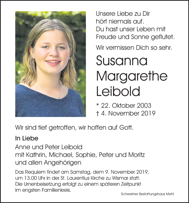  Traueranzeige für Susanna Margarethe Leibold vom 08.11.2019 aus Ostsee-Zeitung GmbH