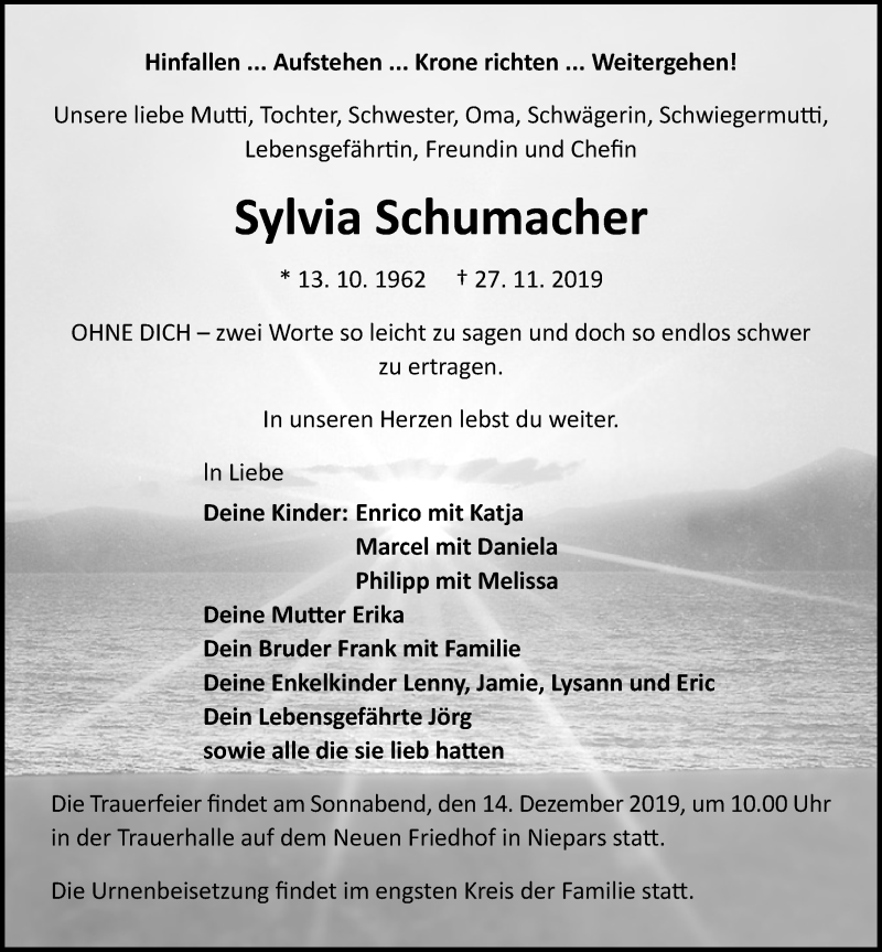  Traueranzeige für Sylvia Schumacher vom 30.11.2019 aus Ostsee-Zeitung GmbH