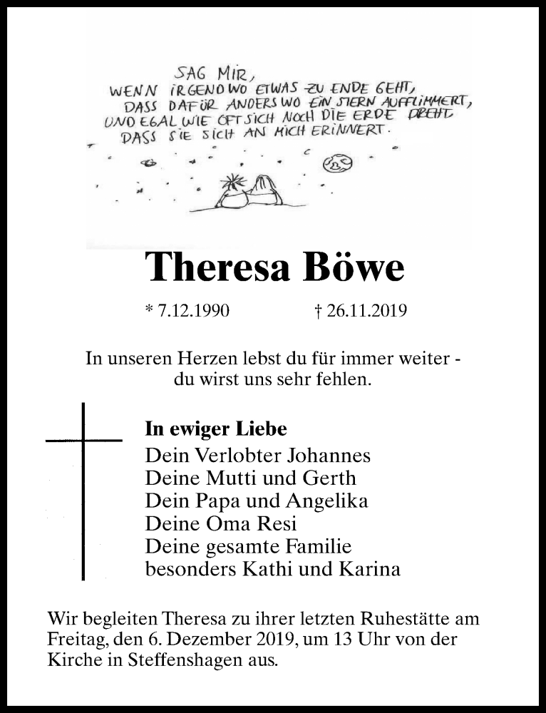  Traueranzeige für Theresa Böwe vom 30.11.2019 aus Märkischen Allgemeine Zeitung
