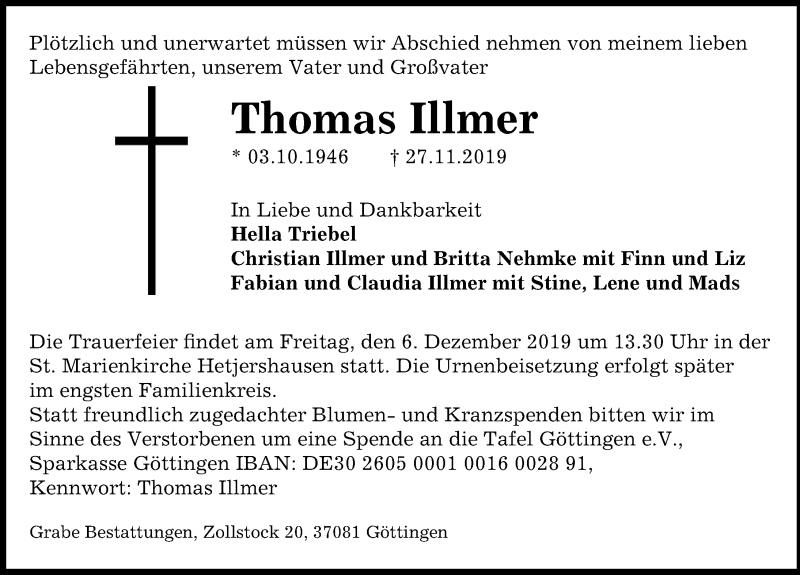  Traueranzeige für Thomas Illmer vom 30.11.2019 aus Göttinger Tageblatt