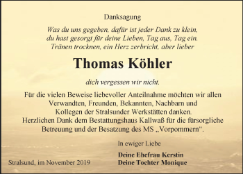 Traueranzeige von Thomas Köhler von Ostsee-Zeitung GmbH