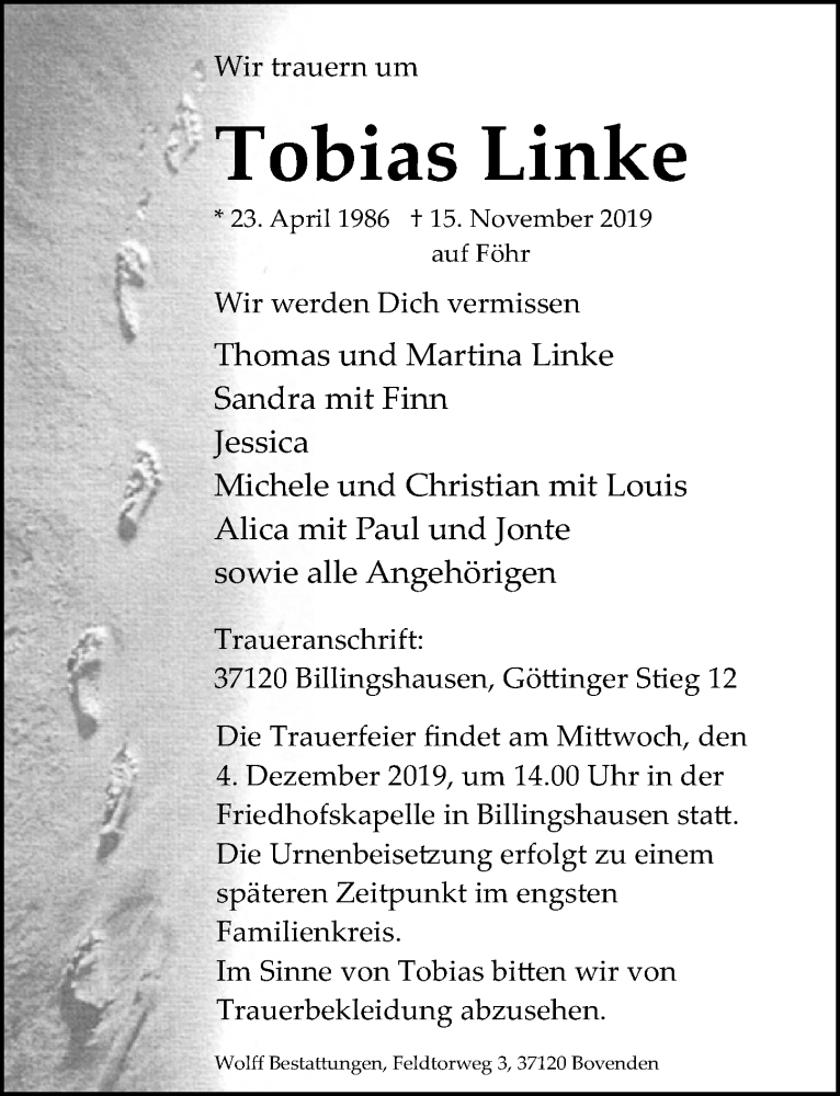  Traueranzeige für Tobias Linke vom 30.11.2019 aus Göttinger Tageblatt