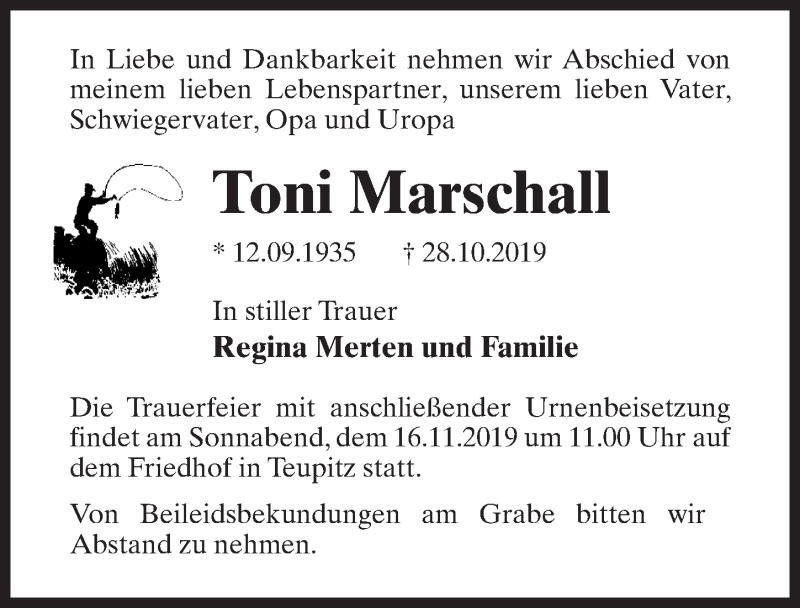  Traueranzeige für Toni Marschall vom 02.11.2019 aus Märkischen Allgemeine Zeitung