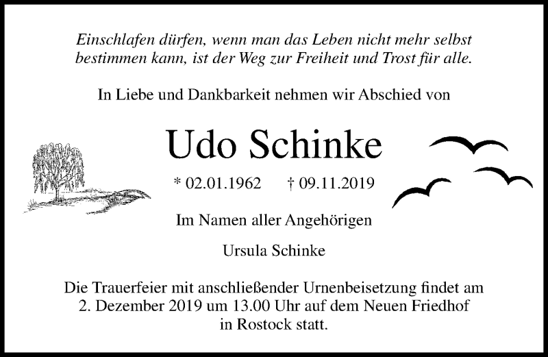  Traueranzeige für Udo Schinke vom 16.11.2019 aus Ostsee-Zeitung GmbH
