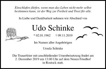 Traueranzeige von Udo Schinke von Ostsee-Zeitung GmbH